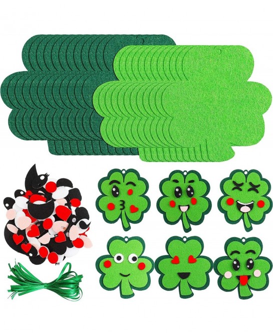 24 Pieces St Patricks Day Crafts Shamrock Cutouts Felt Lucky Shamrock Ornament Craft with Cute Facial Expression Stickers Sai...