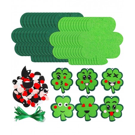 24 Pieces St Patricks Day Crafts Shamrock Cutouts Felt Lucky Shamrock Ornament Craft with Cute Facial Expression Stickers Sai...