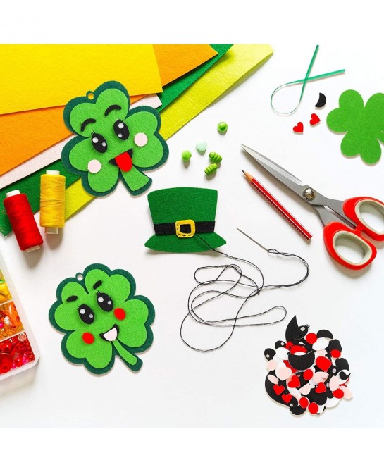 24 Pieces St Patricks Day Crafts Shamrock Cutouts Felt Lucky Shamrock Ornament Craft with Cute Facial Expression Stickers Sai...