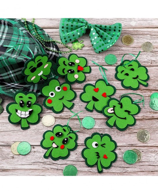 24 Pieces St Patricks Day Crafts Shamrock Cutouts Felt Lucky Shamrock Ornament Craft with Cute Facial Expression Stickers Sai...
