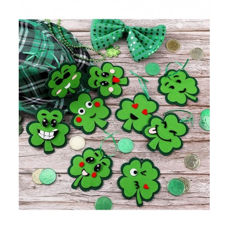 24 Pieces St Patricks Day Crafts Shamrock Cutouts Felt Lucky Shamrock Ornament Craft with Cute Facial Expression Stickers Sai...