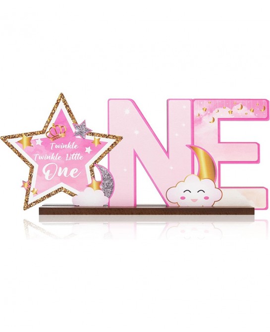 Pink Twinkle Twinkle Little Star ONE Letter Sign Wooden Centerpiece Glitter Star Baby Girl One Year Old Milestone First 1st B...