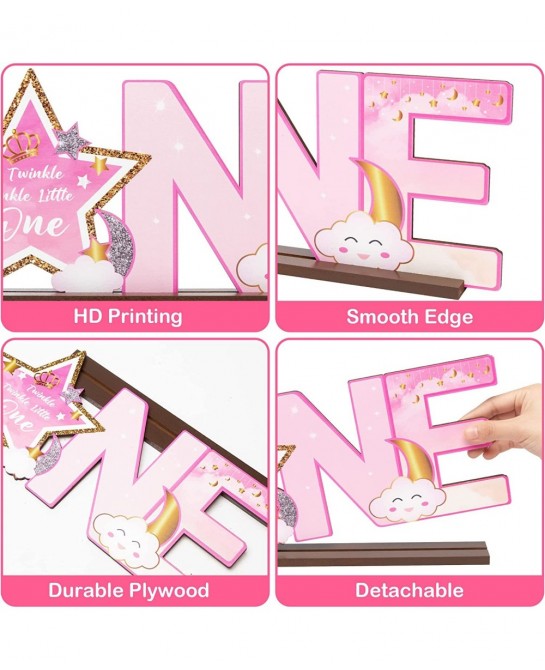 Pink Twinkle Twinkle Little Star ONE Letter Sign Wooden Centerpiece Glitter Star Baby Girl One Year Old Milestone First 1st B...
