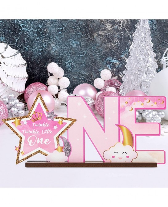 Pink Twinkle Twinkle Little Star ONE Letter Sign Wooden Centerpiece Glitter Star Baby Girl One Year Old Milestone First 1st B...