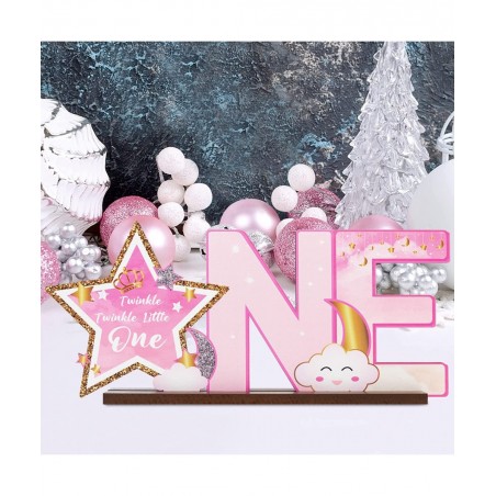 Pink Twinkle Twinkle Little Star ONE Letter Sign Wooden Centerpiece Glitter Star Baby Girl One Year Old Milestone First 1st B...
