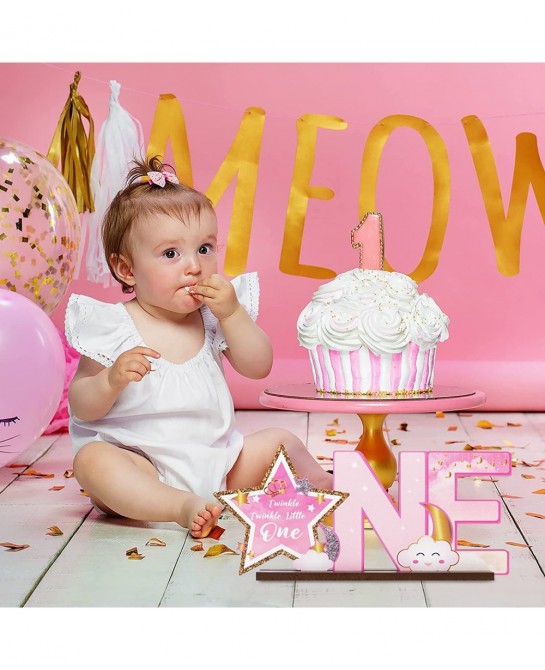 Pink Twinkle Twinkle Little Star ONE Letter Sign Wooden Centerpiece Glitter Star Baby Girl One Year Old Milestone First 1st B...