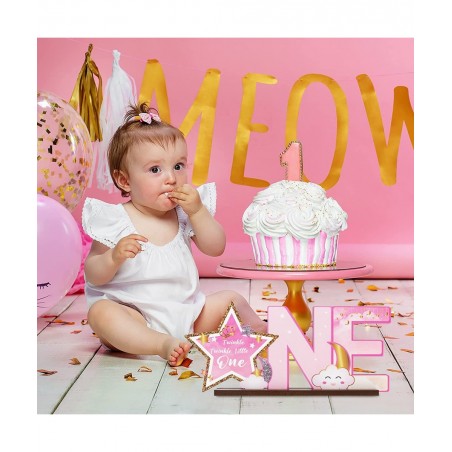 Pink Twinkle Twinkle Little Star ONE Letter Sign Wooden Centerpiece Glitter Star Baby Girl One Year Old Milestone First 1st B...