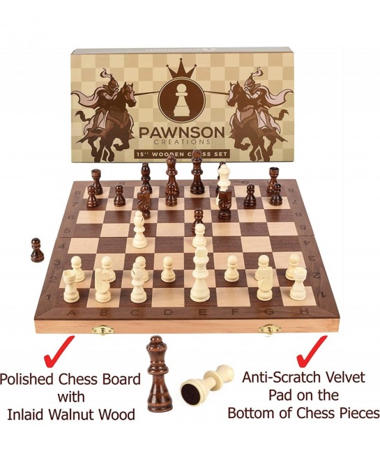 Wooden Chess Set for Kids and Adults - 15 Staunton Chess Set - Large Folding Chess Board Game Sets - Storage for Pieces | Woo...