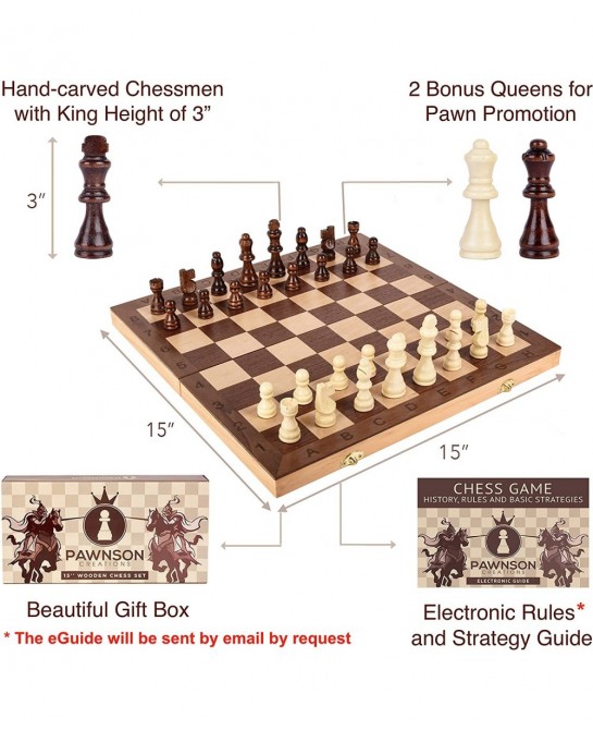 Wooden Chess Set for Kids and Adults - 15 Staunton Chess Set - Large Folding Chess Board Game Sets - Storage for Pieces | Woo...