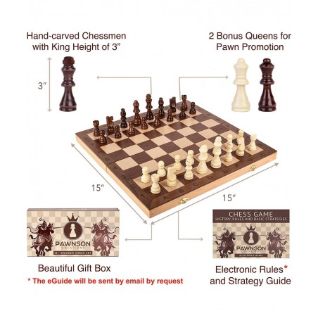 Wooden Chess Set for Kids and Adults - 15 Staunton Chess Set - Large Folding Chess Board Game Sets - Storage for Pieces | Woo...