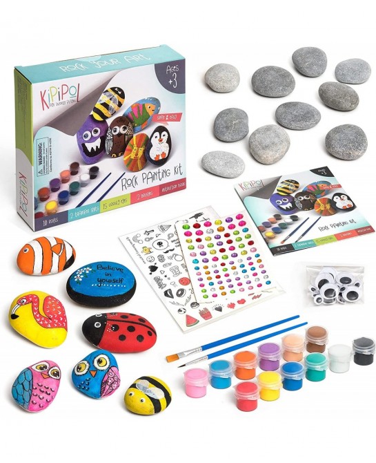 Rock Painting Kit for Kids - DIY Arts and Crafts Set for Girls Boys Ages 3 4 5 and Up - Fun Outdoor Activities w/10 Stones 12...