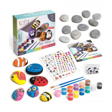 Rock Painting Kit for Kids - DIY Arts and Crafts Set for Girls Boys Ages 3 4 5 and Up - Fun Outdoor Activities w/10 Stones 12...