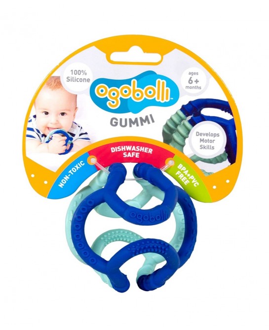 Gummi Teething Ring Textured Sensory Ball Toy for Babies & Toddlers - Stretchy Soft Non-Toxic Silicone - Age 6+ Months - Blue...