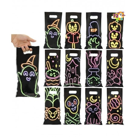 72 Pcs Halloween Neon Treat Bags with 12 Characters Halloween Candy Cookie Bags Small Trick or Treat Bags for Halloween Party...
