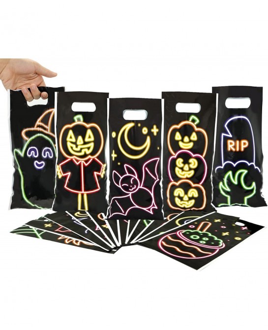 72 Pcs Halloween Neon Treat Bags with 12 Characters Halloween Candy Cookie Bags Small Trick or Treat Bags for Halloween Party...