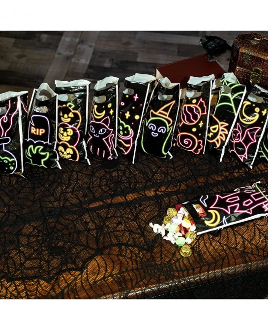 72 Pcs Halloween Neon Treat Bags with 12 Characters Halloween Candy Cookie Bags Small Trick or Treat Bags for Halloween Party...