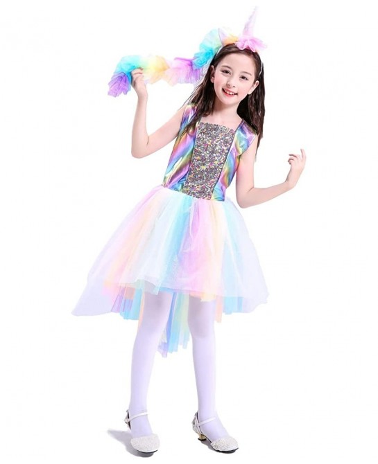 Girls Rainbow Unicorn Costume Halloween Princess Unicorn Dress Up Includes Headband $14.46 Kids' Costumes