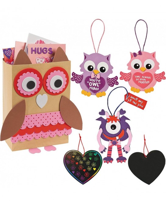 Valentines Craft for Kids (Makes 6) Owl Valentine Card Box Holder Monster Ornament Owl Ornament Heart Magic Scratch - DIY Val...