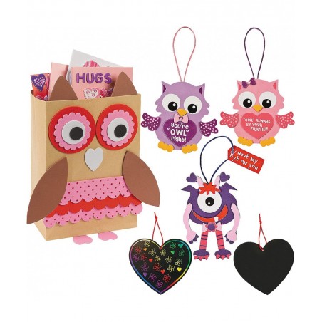 Valentines Craft for Kids (Makes 6) Owl Valentine Card Box Holder Monster Ornament Owl Ornament Heart Magic Scratch - DIY Val...