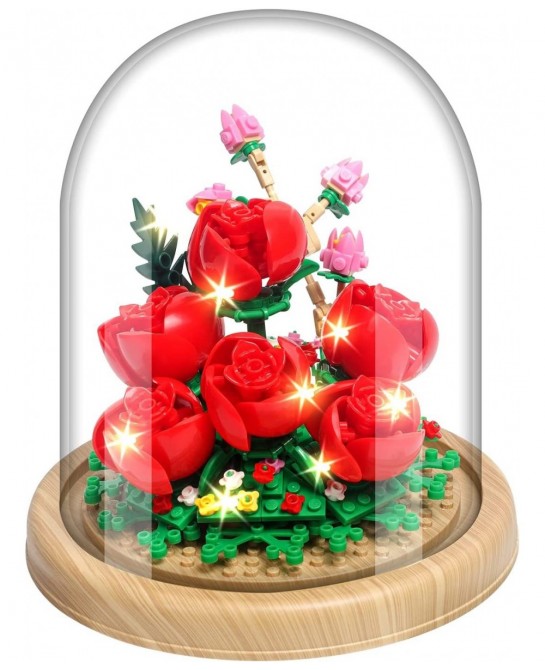 Roses Creative Bonsai Tree Building Bricks Romantic Immortal Rose Building Blocks with a Transparent Display Glass Cover Exqu...