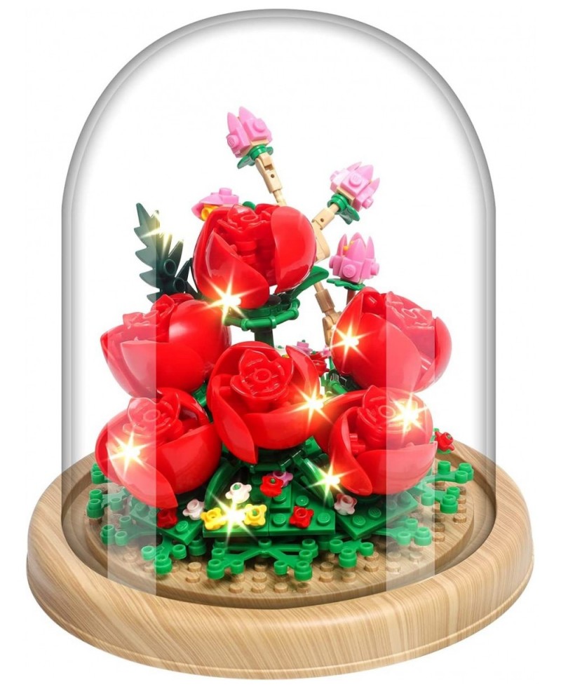 Roses Creative Bonsai Tree Building Bricks Romantic Immortal Rose Building Blocks with a Transparent Display Glass Cover Exqu...