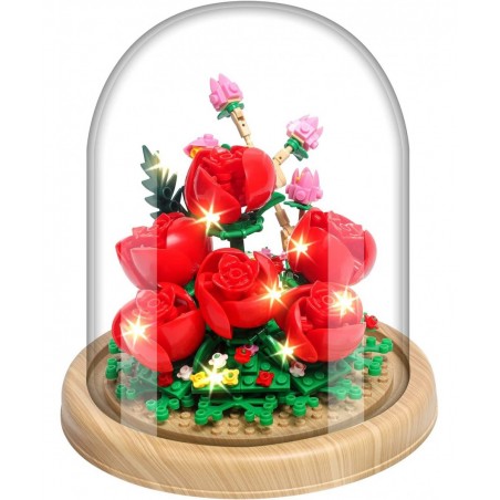 Roses Creative Bonsai Tree Building Bricks Romantic Immortal Rose Building Blocks with a Transparent Display Glass Cover Exqu...