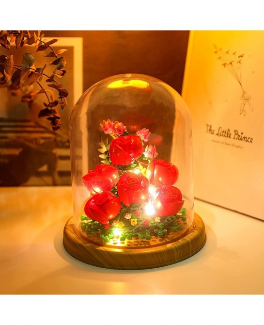 Roses Creative Bonsai Tree Building Bricks Romantic Immortal Rose Building Blocks with a Transparent Display Glass Cover Exqu...