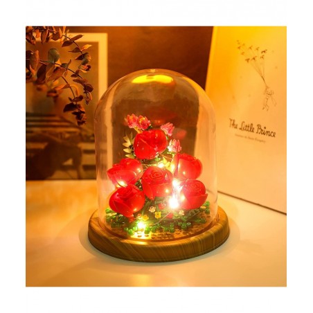 Roses Creative Bonsai Tree Building Bricks Romantic Immortal Rose Building Blocks with a Transparent Display Glass Cover Exqu...