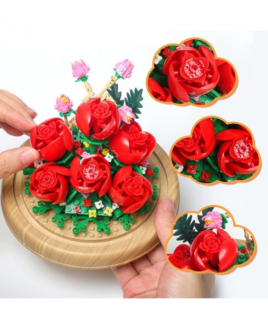 Roses Creative Bonsai Tree Building Bricks Romantic Immortal Rose Building Blocks with a Transparent Display Glass Cover Exqu...