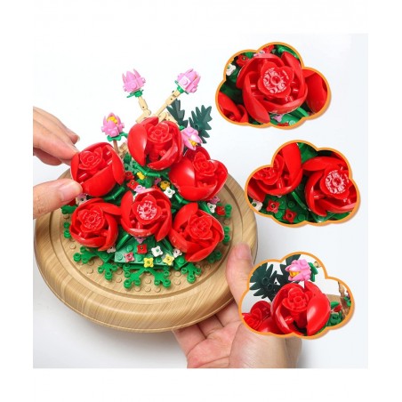 Roses Creative Bonsai Tree Building Bricks Romantic Immortal Rose Building Blocks with a Transparent Display Glass Cover Exqu...