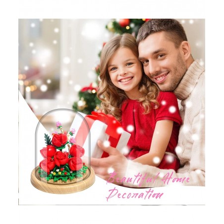 Roses Creative Bonsai Tree Building Bricks Romantic Immortal Rose Building Blocks with a Transparent Display Glass Cover Exqu...