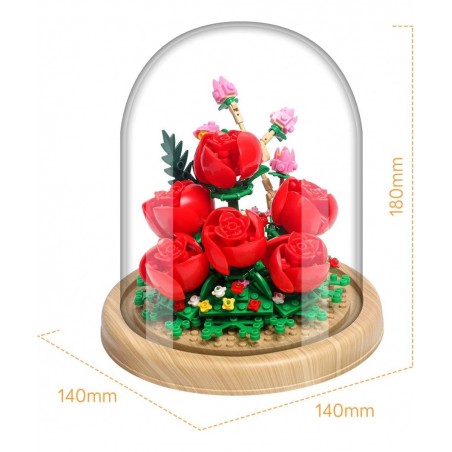 Roses Creative Bonsai Tree Building Bricks Romantic Immortal Rose Building Blocks with a Transparent Display Glass Cover Exqu...