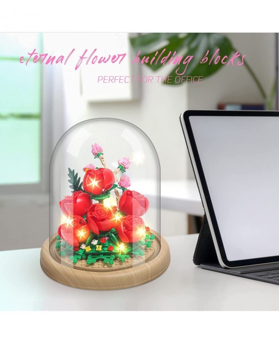 Roses Creative Bonsai Tree Building Bricks Romantic Immortal Rose Building Blocks with a Transparent Display Glass Cover Exqu...