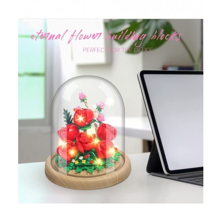 Roses Creative Bonsai Tree Building Bricks Romantic Immortal Rose Building Blocks with a Transparent Display Glass Cover Exqu...