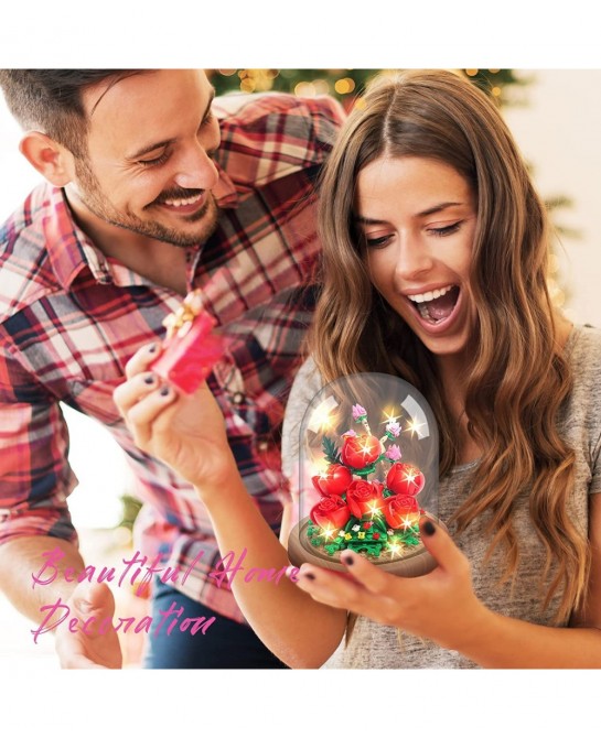Roses Creative Bonsai Tree Building Bricks Romantic Immortal Rose Building Blocks with a Transparent Display Glass Cover Exqu...