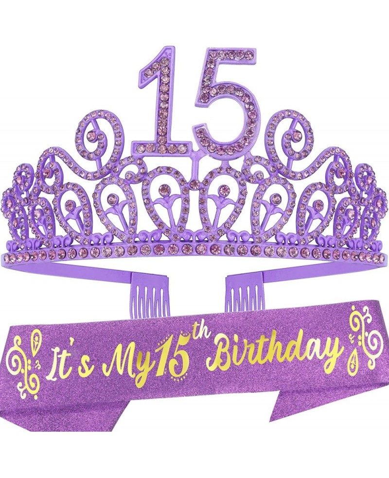 15th Birthday Sash and Tiara for Girls - Fabulous Set: Glitter Sash + Ripples Rhinestone Purple Premium Metal Tiara 15th Birt...