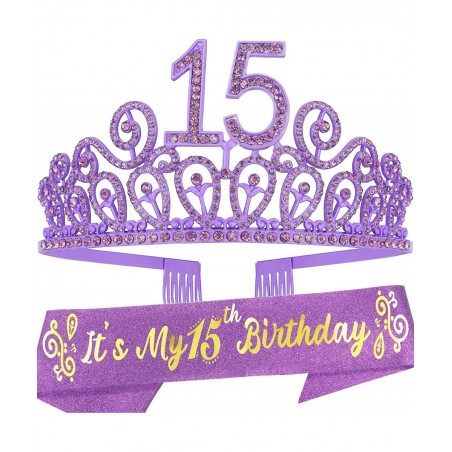15th Birthday Sash and Tiara for Girls - Fabulous Set: Glitter Sash + Ripples Rhinestone Purple Premium Metal Tiara 15th Birt...