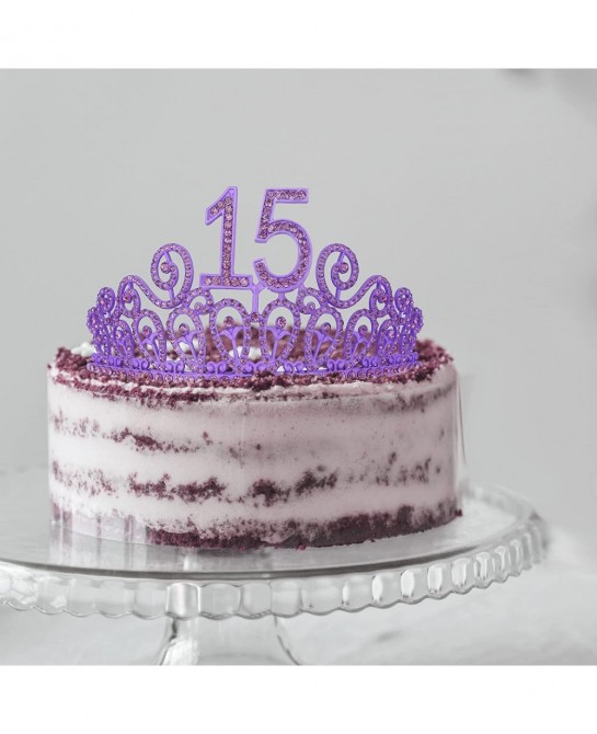 15th Birthday Sash and Tiara for Girls - Fabulous Set: Glitter Sash + Ripples Rhinestone Purple Premium Metal Tiara 15th Birt...