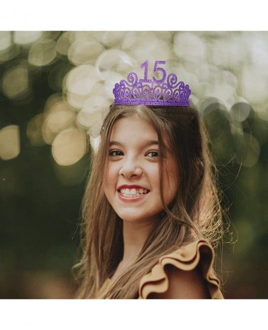 15th Birthday Sash and Tiara for Girls - Fabulous Set: Glitter Sash + Ripples Rhinestone Purple Premium Metal Tiara 15th Birt...
