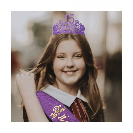 15th Birthday Sash and Tiara for Girls - Fabulous Set: Glitter Sash + Ripples Rhinestone Purple Premium Metal Tiara 15th Birt...