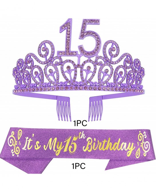 15th Birthday Sash and Tiara for Girls - Fabulous Set: Glitter Sash + Ripples Rhinestone Purple Premium Metal Tiara 15th Birt...