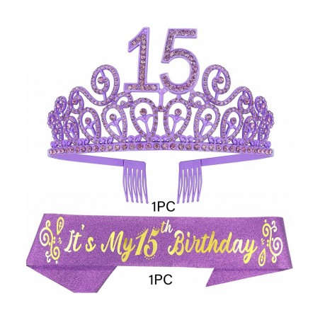 15th Birthday Sash and Tiara for Girls - Fabulous Set: Glitter Sash + Ripples Rhinestone Purple Premium Metal Tiara 15th Birt...