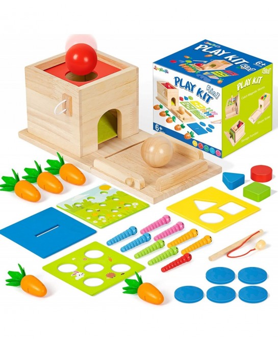 5-in-1 Wooden Play Kit Montessori Toy - Object Permanence Box Coin Box Carrot Harvest Catch Worm Shape Sorter - Toddler Learn...