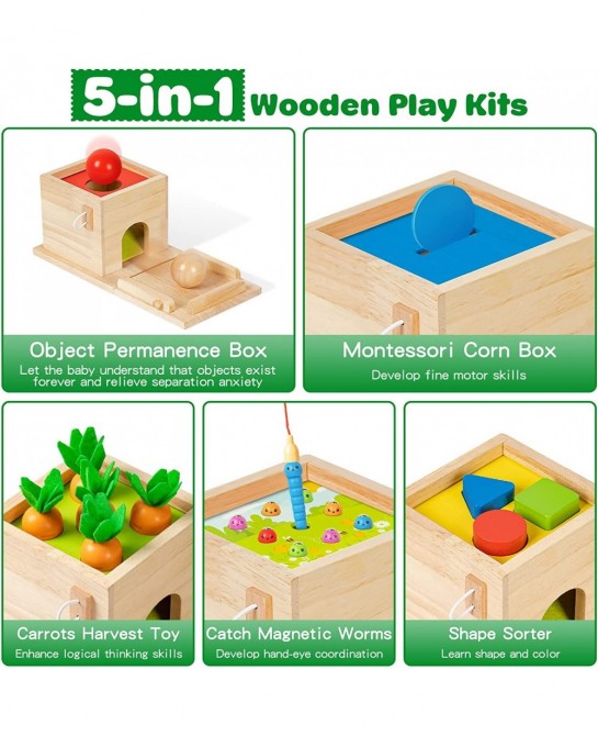 5-in-1 Wooden Play Kit Montessori Toy - Object Permanence Box Coin Box Carrot Harvest Catch Worm Shape Sorter - Toddler Learn...