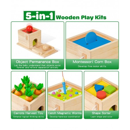 5-in-1 Wooden Play Kit Montessori Toy - Object Permanence Box Coin Box Carrot Harvest Catch Worm Shape Sorter - Toddler Learn...