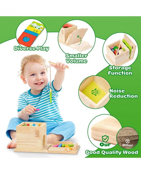 5-in-1 Wooden Play Kit Montessori Toy - Object Permanence Box Coin Box Carrot Harvest Catch Worm Shape Sorter - Toddler Learn...