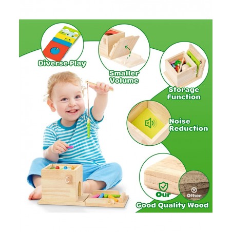 5-in-1 Wooden Play Kit Montessori Toy - Object Permanence Box Coin Box Carrot Harvest Catch Worm Shape Sorter - Toddler Learn...