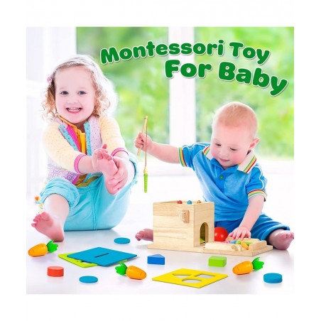 5-in-1 Wooden Play Kit Montessori Toy - Object Permanence Box Coin Box Carrot Harvest Catch Worm Shape Sorter - Toddler Learn...