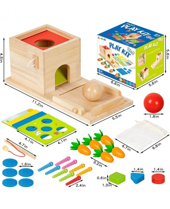 5-in-1 Wooden Play Kit Montessori Toy - Object Permanence Box Coin Box Carrot Harvest Catch Worm Shape Sorter - Toddler Learn...