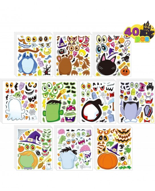 40 PCS Make-a-face Sticker Sheets Make Your Own Halloween Characters Mix and Match Sticker Sheets with Witch Frankenstein Gho...